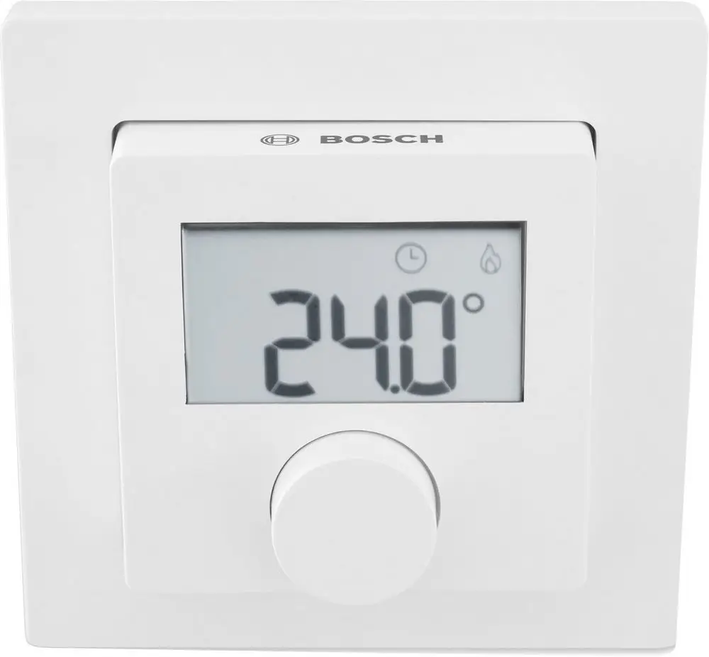 Raumregler von Bosch, quadratisch, digitaler Bildschirm zeigt eine Temperatur von 24,0 °C an, mit zentralem Drehknopf zur Einstellung.